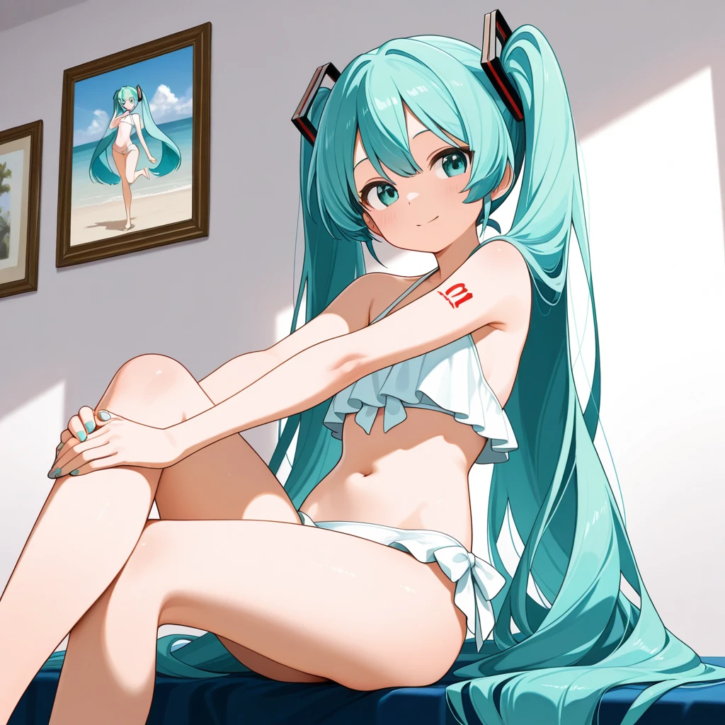 Hatsune Miku without clothes Seductive anime girl exposed panties sitting with legs open, nsfw