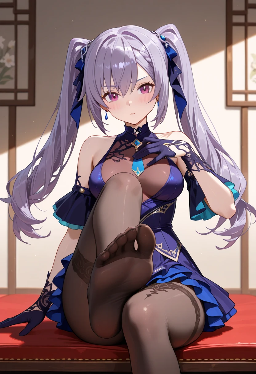 sitting, couch, crossed legs, no shoes, footjob,<lora:ganyu2ep10_0.85dim32:0.6> , masterpiece, best quality, high quality, absurdres, highres, ganyudef, ganyurnd, pantyhose,