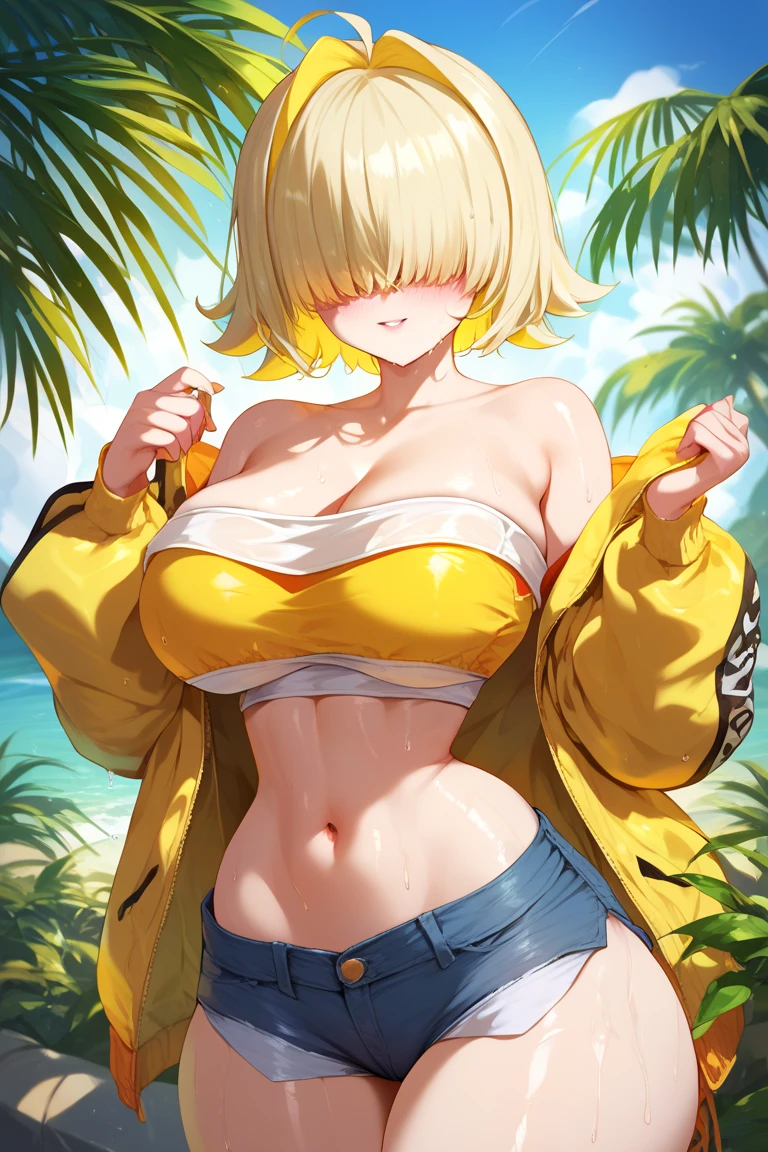 (((masterpiece、Highest image quality、highest quality、highly detailed unity 8kwallpaper)))、((Illustration of one girl))、(((beautiful girl、cool)))、((blonde、pixie cut:1.2、two side up、sidelocks、green eyes))、(((tall、stocky build, thickset physique:1.3, muscular legs, broad shoulders, solid chest)))、swimsuit、sandy beach