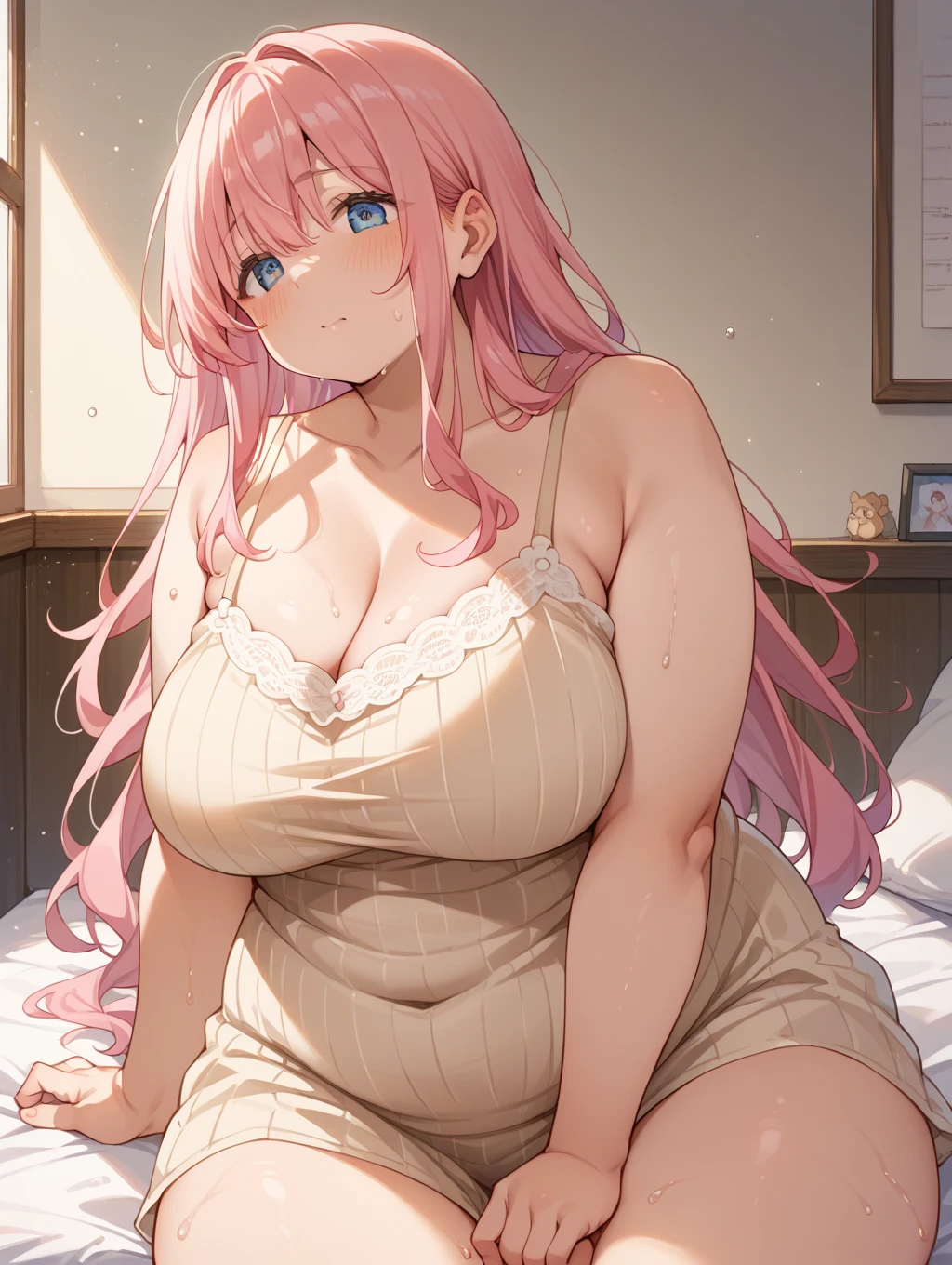 fat girl, detailed, detalied eyes, textured skin, nipples, pink medium hair, white short sleeveless T-shirt, white panties, big breast, in bedroom , full body, 
in full growth