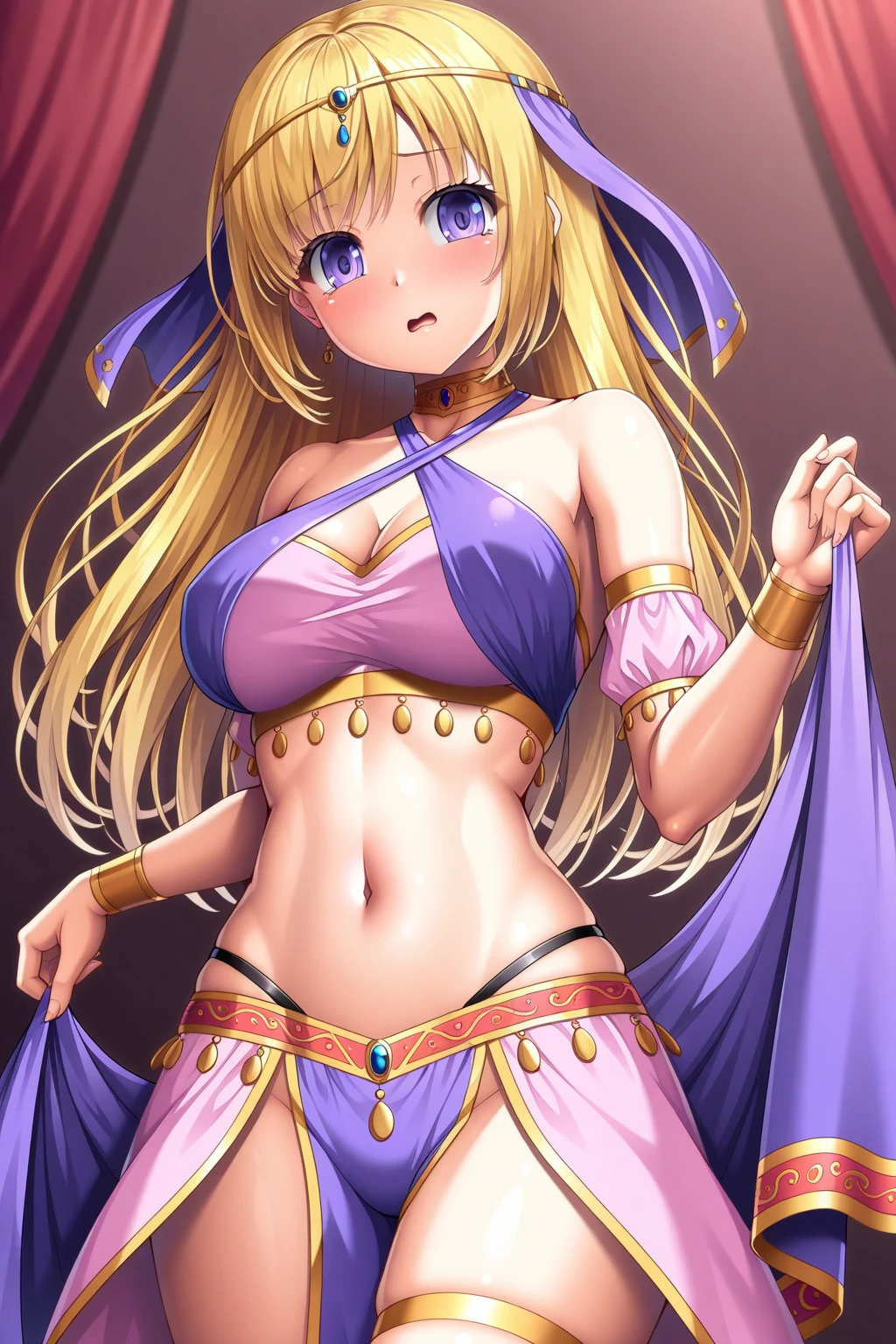 blonde Hachimiya Meguru with twintails, a very detailed face, blue eyes, a pink tight noble dress with very large breasts, a slim waist, slim hips, a very deep cleavage, golden necklaces and a golden choker, standing in a palace room. pink see-through midriff, navel piercing.