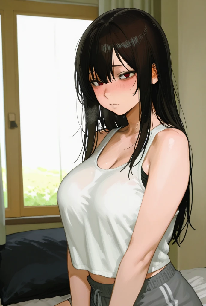 Cute , mature women, chubby cheek,realistic skin, tanktop see through nipple,realistic breast, saggy breast, nipple out,muted colours, cold lighting, pale white skin, mature women,black hair, long hair, (hair over one eye:1.4), Messy hair,straight hair,hair between eyes ,sleepy eyes ,beautiful,pucker lips,charm,pubic hair pussy,dense pubic hair, cute shy blush on