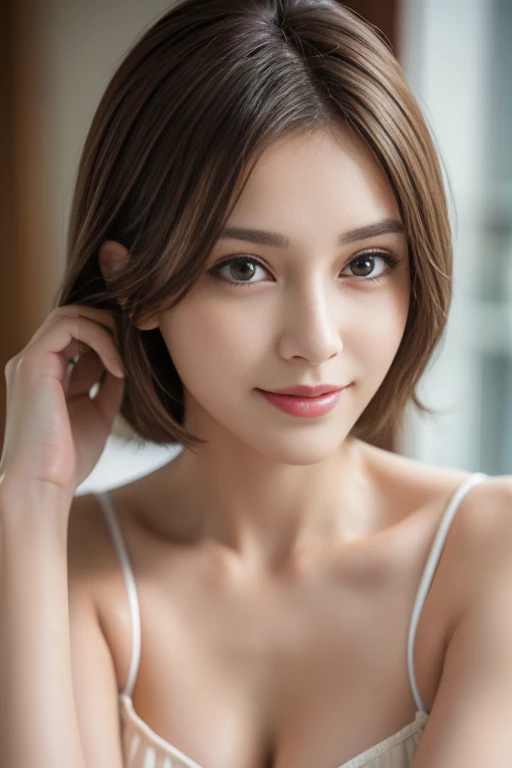 highest quality、8k Masterpiece、superA high resolution、(Photorealistic:1.3)、RAW Photos、1 girl、Black Hair、Glowing Skin、36age、Portrait、Global Illumination、Shadow、Octane Rendering、8k、Super sharp、Beautiful breastetal、Cold colors、Very intricate details、Soft Light、CGSoation Trend、Beautiful Eyes、Shining Eyes、To the camera、Neon Details、Clear skin、short hair、smile、Featured on cosmetics website、Elegance、Photo Studio、short hair、white lingerie
