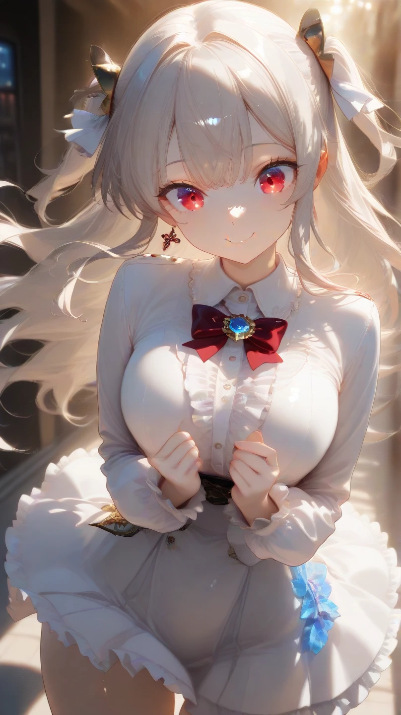 (Absurd Resolution:1.2), (ultra detailed:1.2), (masterpiece:1.2), (Photorealistic), (top-quality), BREAK (cute 1girl), (teenager), (finely detailed beautiful face:1.2), (ultra-fine-Purple-cute-eyes:1.2), (Expression ultra detailed Glitter Pupil), (ultra detailed Expression eyelashes), BREAK (ultra-detailed-bob-cut-white-hair, parted bangs), (beautiful Glossy lips), (Barrette Ribbon), BREAK (slim body and gigantic breasts:1.3), narrow waist, leggy, curvy is body without muscles, BREAK (glossy realistic pale skin texture:1.2), (4 defined fingers), (1 defined thumb), Beautiful Smile, BREAK (ultra detailed black corset dress, skirt, Garter stockings:1.2), opera gloves, BREAK Seductive pose, (Crisp focus:1.2), (full body shot, anime-key-visual), professional lighting, BREAK (I have a red apple in my hand), Multi-layered rainbow color magic circle, Particles of light dance, Spherical magic circle,