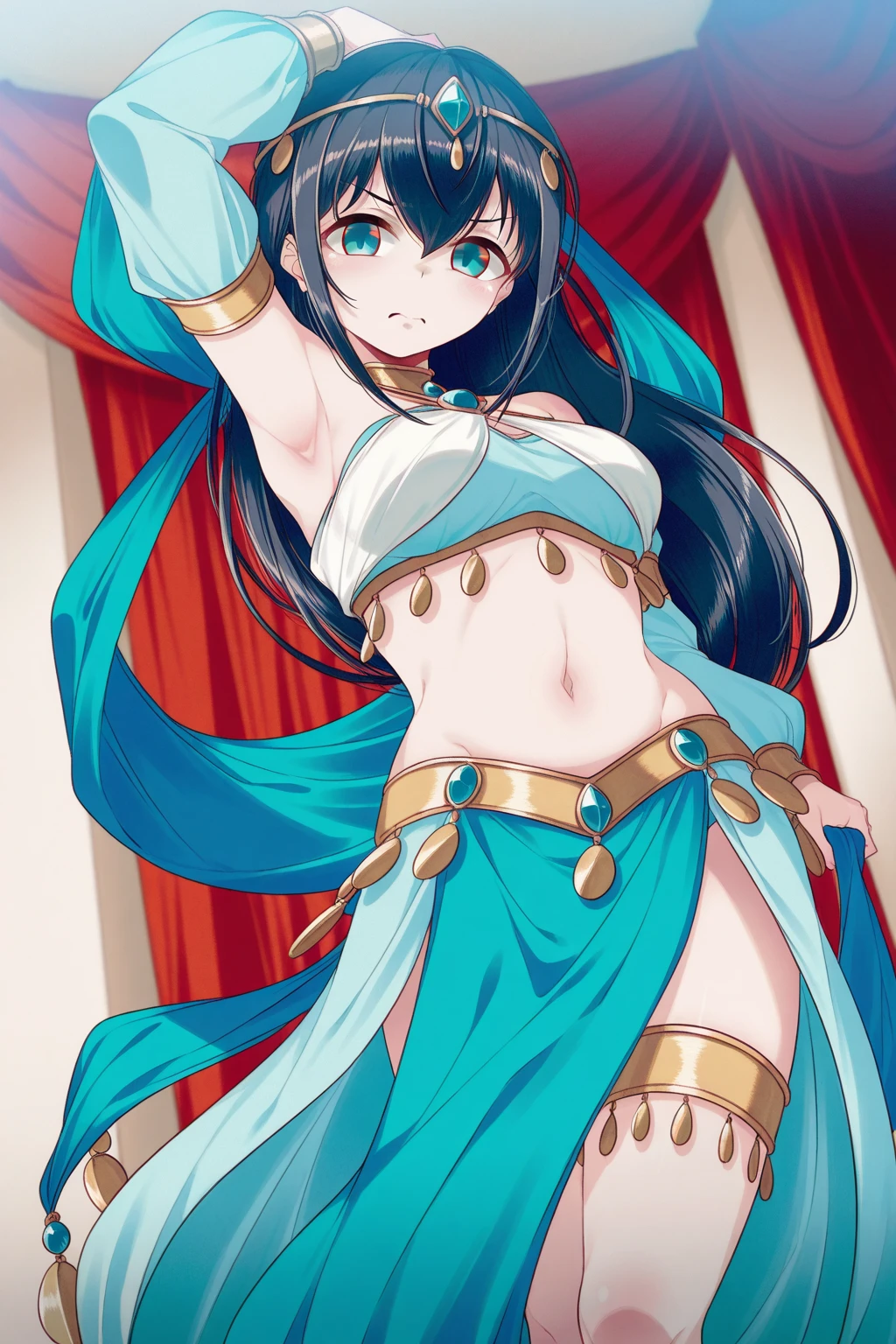 Flat chest, bunny bikini, navel, smooth belly, long black hair, sharp blue eyes, midriff, wrist cuffs, both arms up, narrow body
