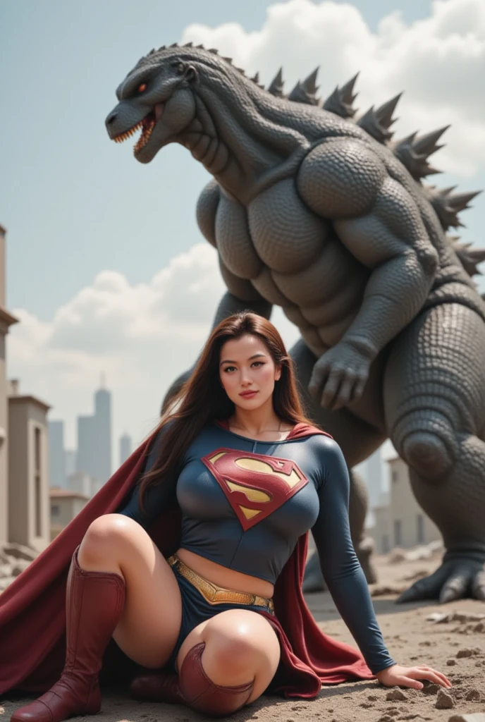 NSFW , VS godzilla , Fullbody shot , Wear Monokini wonderwoman, So huge breasts.