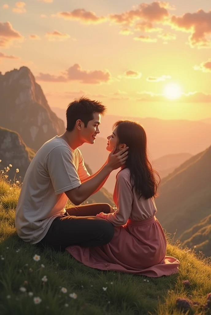 A handsome happy boy and beautiful happy girl standing on the mountain hills in romantic mood, boy wearing white hoodie, black jeans, Curley hair, wearing watch, and girl wearing black jeans, sky blue hoodie, short silky hair, evening sunset, mountain hill in background, evening sunset, written 'Abhishek' in backside of boy jacket, and written 'khushi' in backside of girl hoodie, giving Hi-five each other , romantic mood,
