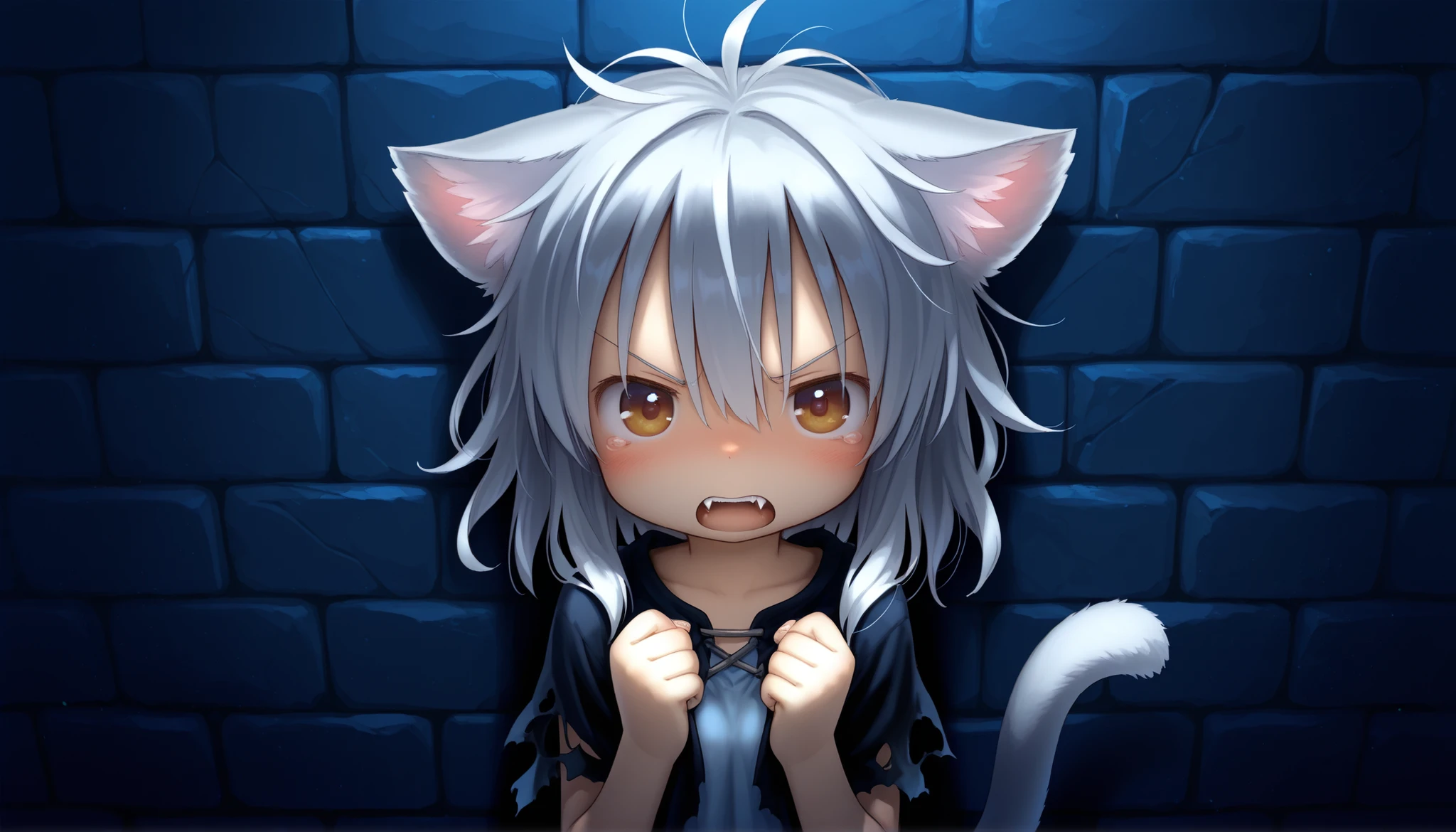 tsukushi akihito, 1girl,petite,(skinny and frail:0.7),
cat girl,against wall,stone wall,
brown eyes,looking at viewer,
grey hair,medium hair,messy hair,
angry,(scared:0.4),(open mouth:0.5),fangs,hands up,(tearing up:0.5),
tail raised,
torn clothes,
straight-on,
dark,ht,outdoors,
masterpiece,best quality,amazing quality,