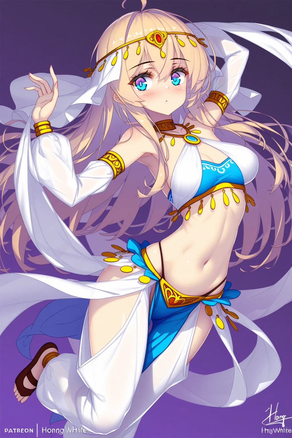 She has long silver hair that splays out around her in tendrils during battle. She wears a blue headband with four ribbons finished with blue beads and yellow tassels. The headdress has two long plumes that zigzag to make an 'M' shape. She has yellow eyes.

She wears a blue-and-black bra with a curlicue design linked in front by a yellow chain, and a black thong, a thin yellow-tasseled belt, gold bracelets, blue armbands and wristbands, green sashes decorated with the Yevon symbols, silver anklets and a blue garter around her left thigh. She wears a blue bead necklace resembles seashells or fangs. She is barefooted. Whole body.