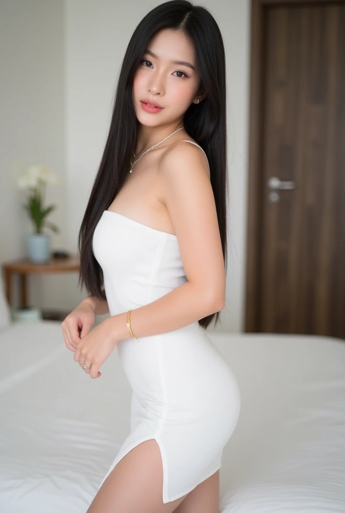 Asian beauty radiates elegance and confidence in her ensemble. wear nothing, she embodies a timeless and sexy allure. The combination of sophistication and casual chic creates a striking and memorable presence, leaving a lasting impression wherever she goes