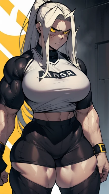 huge muscles huge breasts huge thighs pale skin black hair yellow eyes very long hair muscular girl sad expressionless plated skirt long sleeve tight t-shirt