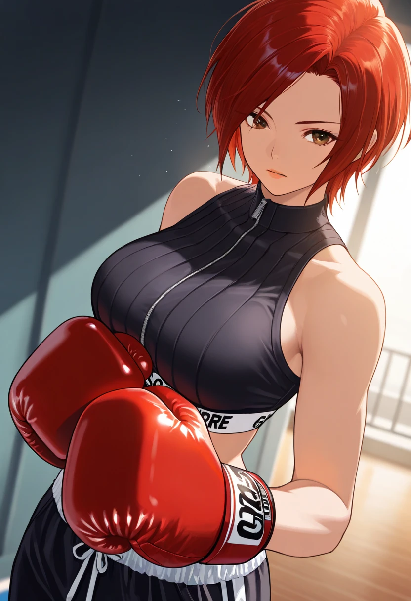,{{Dynamic composition}},{{masterpiece}}, {{{Highest quality}}},{{Very detailed}},Fitness Woman ,{{blushing with anger}},{{v-shaped eyebrows}},{{figure}},{{tall}},{{Adult female}},{{Dolphin Shorts}},No sleeve　Red Hair Bob