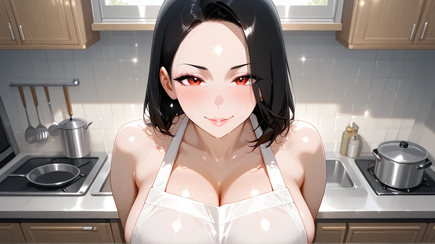 a big-breasted MILF with long black straight hair, dark red eyes, wearing a naked apron, in a kitchen setting, anime style, (best quality,4k,8k,highres,masterpiece:1.2),ultra-detailed,(realistic,photorealistic,photo-realistic:1.37),beautiful detailed eyes,beautiful detailed lips,extremely detailed eyes and face,long eyelashes,intricate details,high quality,vivid colors,soft lighting,elegant,dramatic