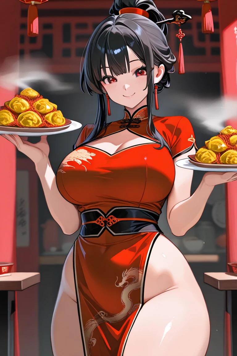 A woman in a Chinese dress making steamed meat buns at a Chinese restaurant Giant steamer Large Breasts