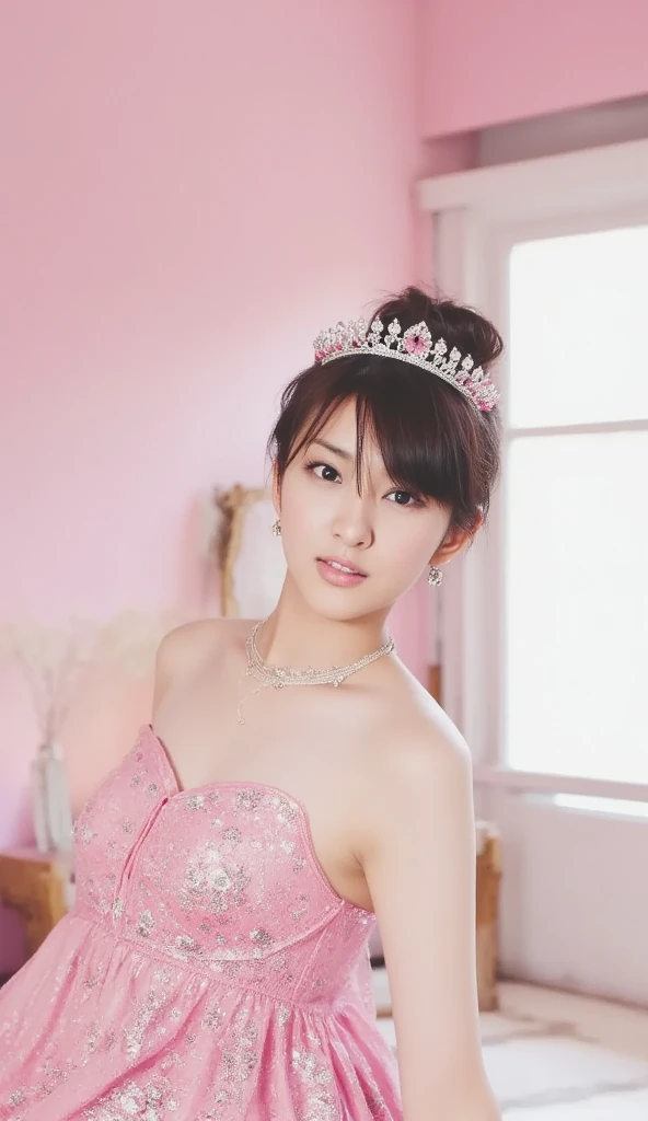 (Highest quality、Tabletop、8K、Best image quality、Award-winning works)、One beautiful bride、(alone:1.1)、(The most extravagant and gorgeous huge pure white wedding dress:1.1)、(Perfect Wedding Lace:1.2)、(The most gorgeous and luxurious giant tiara:1.1)、(The most extravagant and luxurious giant necklace:1.1)、Please look at me with your best smile、The finest jewellery decoration、Perfect Makeup、Long eyelashes、Ultra HD Shining Eyes、Ultra HD Hair、Ultra-high resolution glossy lips、Ultra High Resolution Perfect Teeth、Super high resolution beautiful face、(Accurate anatomy:1.1)、Very bright and beautiful skin、very bright and vivid、Perfect beautiful bridal hairstyles、(Front facing body:1.1)、(Solid pink background:1.2)、Cleavage、Nude、(( M-shaped feet, please look )))), (Show me your legs spread wide: 1.5), Real nipples, real open, (woman'Pussy juice squirts on camera:1.2), Beautiful 20 year old Japanese woman, (((Stimulate the clitoris, Masturbation and fingering, orgasm))), Detailed facial features,(Front view), (erupt from pussy:1.2), (erupt:1.2), Remove the shoulder strap and you can see her very large breasts., Revealing a bigger than her face, (Showing realistic beautiful nipples:1.5), ((Very large breasts, bigger than her face:1.99)), (((Very severe sex addiction))), ((((A real bitch))))