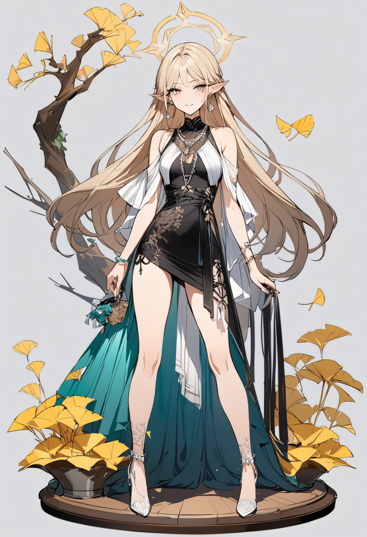 Reference Table, Concept Figure , character design,girl,Beautiful elf,Wink,Stunning Beauty,,sketch),has a mole under the eye, star necklace, (Masterpiece, BEST QUALITY), Official Art, beautiful and beautiful: 1.2), (1 个girl), is very detailed, (Geometric Art : 1.3),Halo,Flower earrings 、 Full Body 、Lace, chain,Clear,,Camel Teeth,Ginkgo biloba leaves falling off, Clover Decor,Glass Heels,,