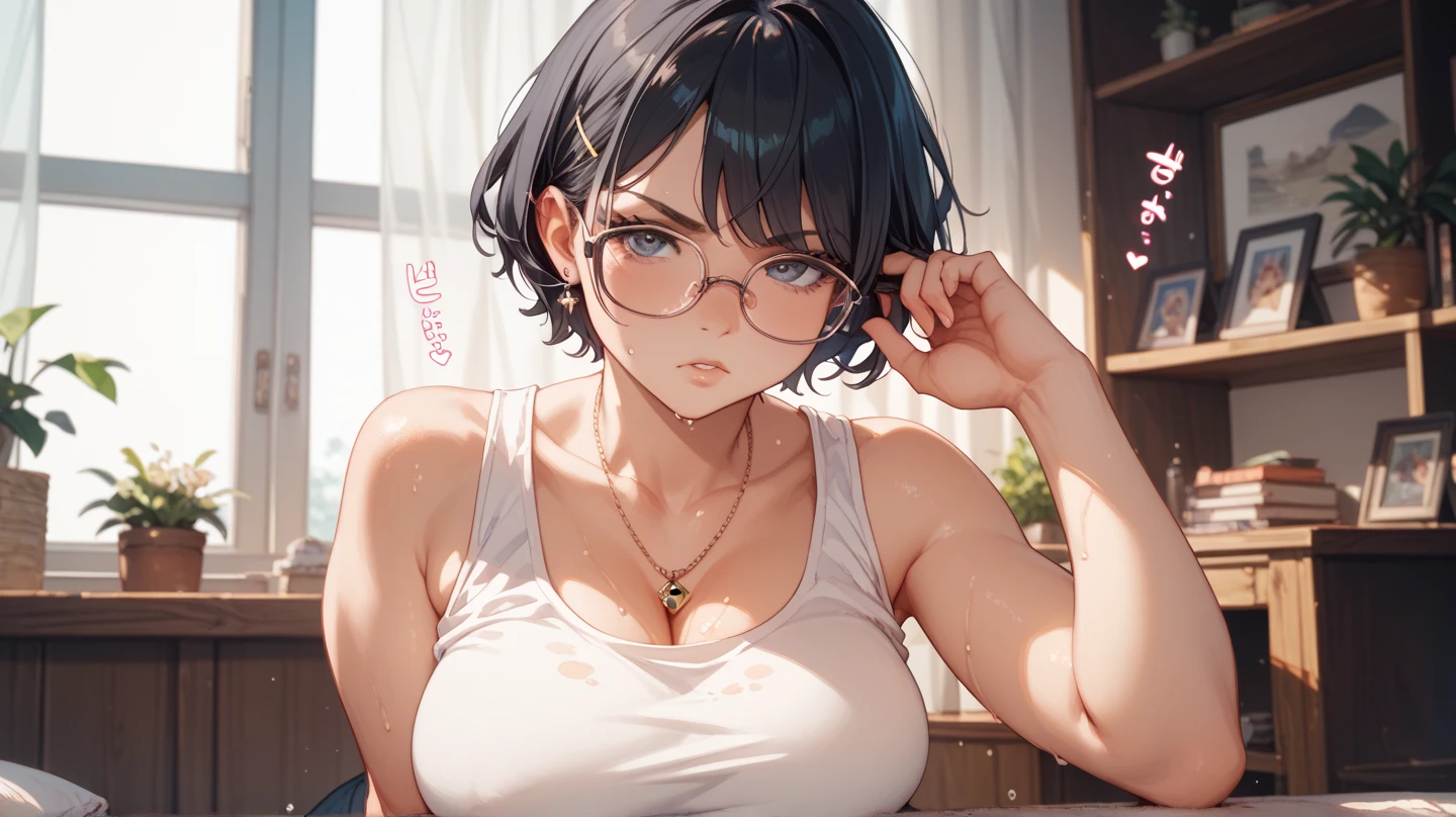 There is a woman sitting on the floor with her legs crossed..., Wearing glasses, Japanese Model, Wearing glasses on, Wearing square glasses, Young Sensual Gravure Idol, Yasumoto Oka, Genuine young gravure idol, Without glasses, Yoshitomo Nara, Aoi Ogata, Wearing glassesいる, Surreal,Provocative,((Beautiful Skin)),((Skin Texture)),((Real Touch)), healthy, unreddish skin, Cute freckles on the cheeks,Mole under left eye,