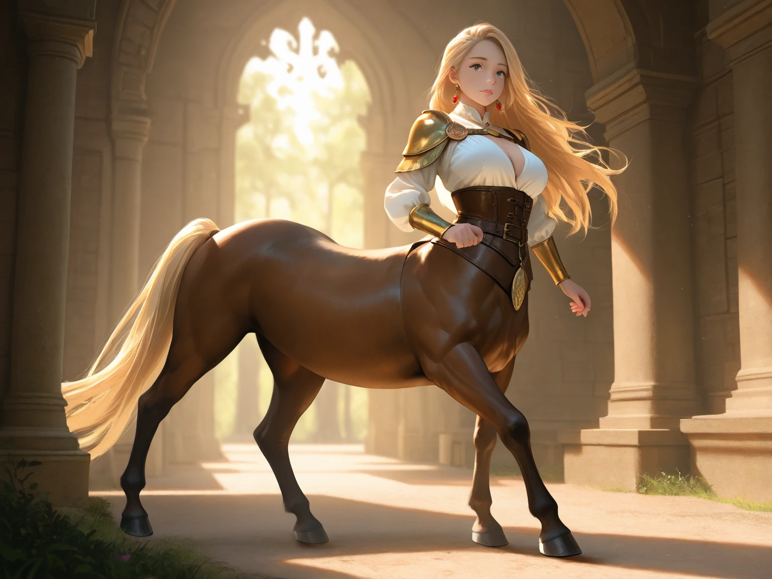 A centaur with a beautiful female face holds a sword proudly in the forest, dressed lothing that displays elegance and strength. With steady steps, he was ready to face any threats that might lurk in the dense trees. Big breast. 35mm, F/2.8, hypermaximalist, elegant, very detailed and complicated, masterpiece, hyper-realistis, realistic. image rendered in 64K HDR, high octane alike in hyper-detailed, hyper resolution, masterpiece, realistic.