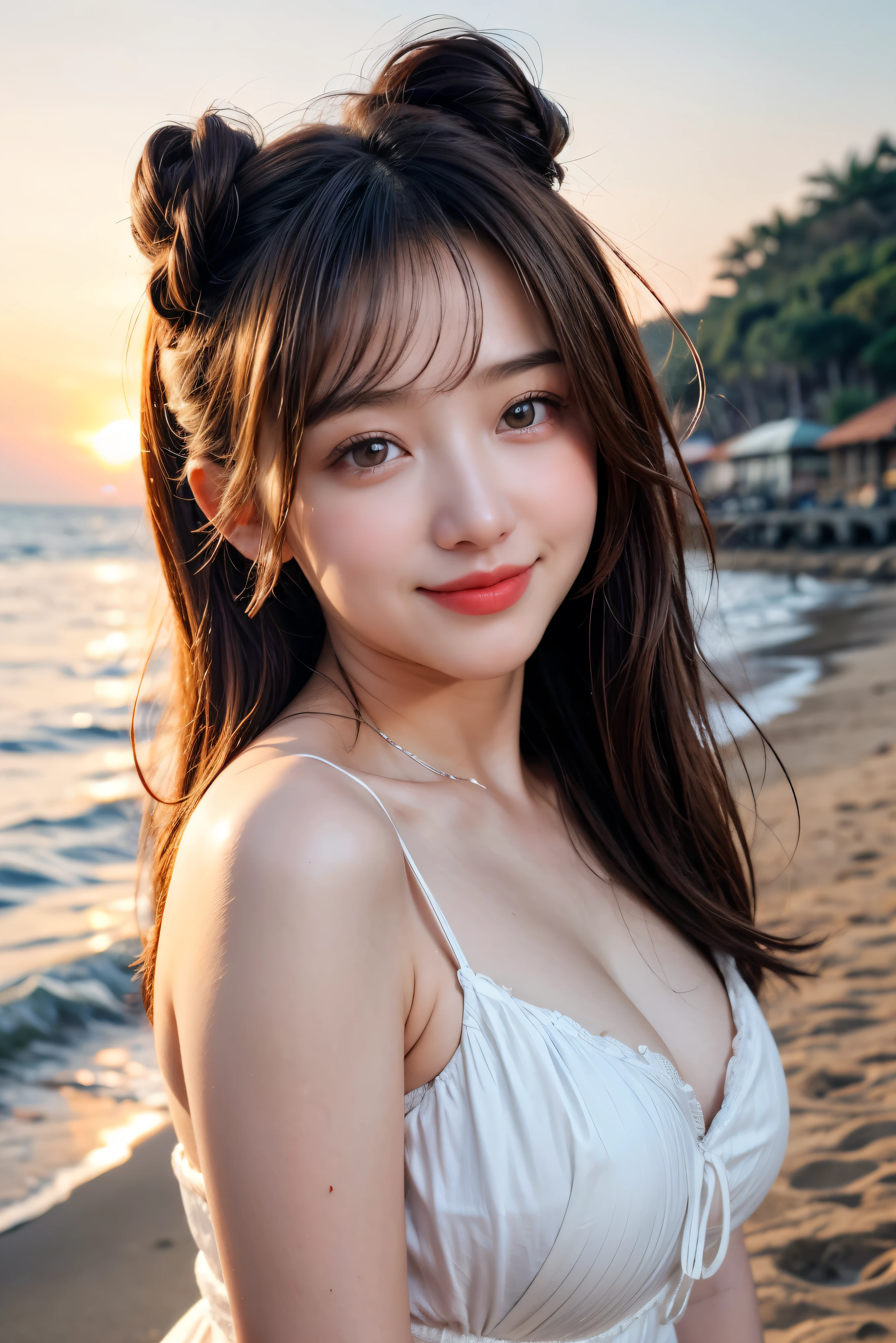 A stunning Asian beauty surrounded by a sea of money, her delicate features illuminated by the high definition rendering.