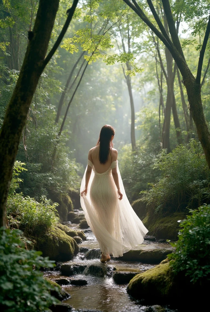 viki odintcova with long brown hair whit big breasts in a white transparent satin dress walking on a path full of beautiful plants and flowers with several green trees in the forest behind, long straight twin ponytails. transparent dress, slightly erotic, smile, back facing the camera