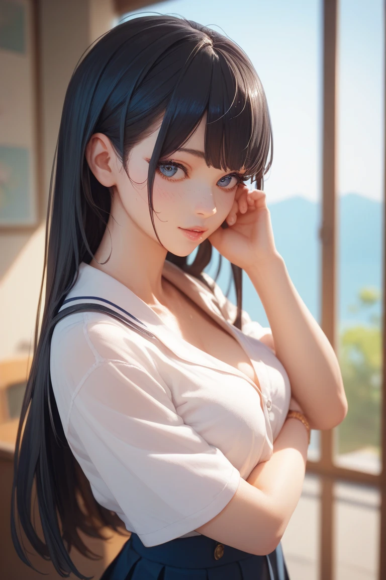 Woman, 30 years, adult, black hair, modern sexy clothes, nigth, soft ligth, face detail, from above, fingers --style realistic-imagine -