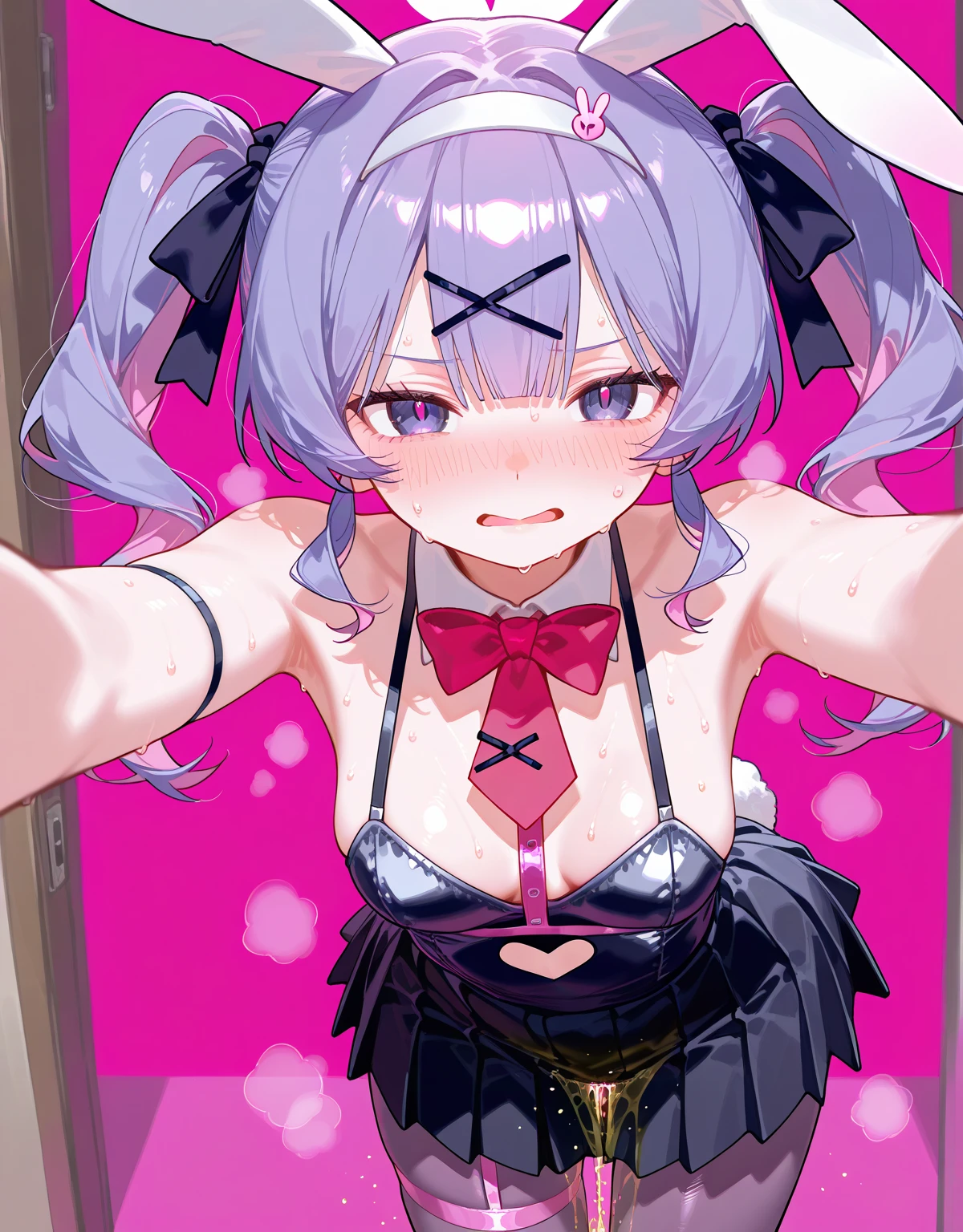(masterpiece、highest quality、Super detailed)、((One girl))、evil smile、((Grin))、steam、Earrings、((playboy bunny))、Bedroom Background、low length、Fellatio Gesture