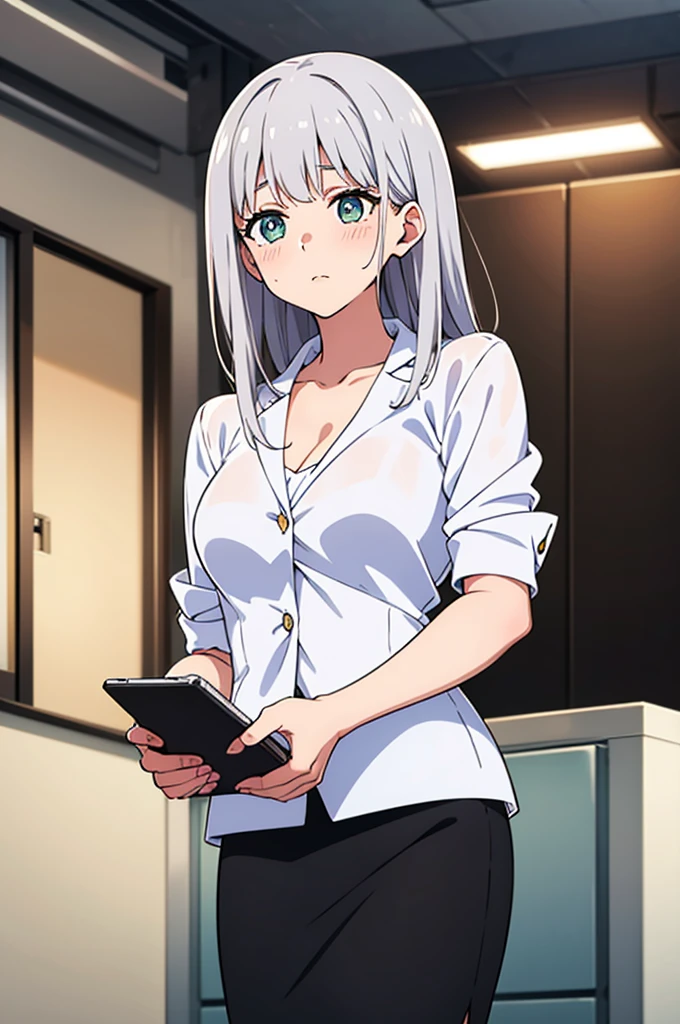 (masterpiece, best quality, detailed),1girl,sucrosedef,(green hair:1.2), glasses, in a white shirt and black pants holding a cell phone, attractive anime girl, makoto shinka, digital anime illustration, portrait anime girl, seductive anime girl,smooth anime cg art, (sfw),eye details,teasing smile, clean detailed anime art,high resolution, (perfect hands, perfect anatomy),