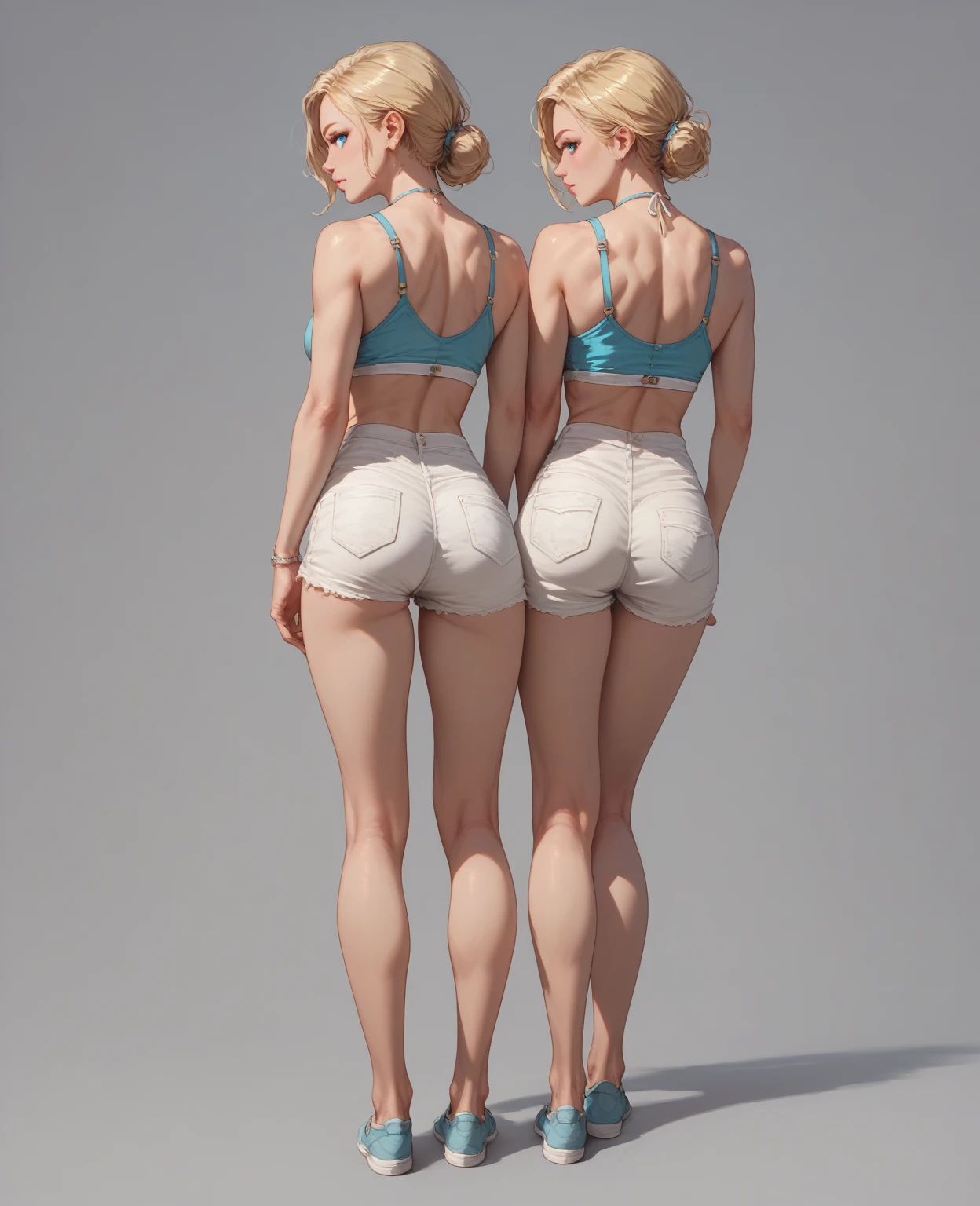 Short hair. Back-to-back view. Buttocks. Orange hair. White clothes.