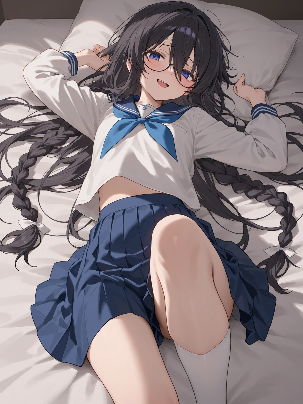 roli1.5 Anime girl with glasses and skirt lying on bed, a hyperRealistic , hyperRealistic , Anime Moe Art Style, Realistic , Nagatoro, Enchanting anime girl, Cute girl anime visuals, Naughty anime style, Naughty, Anime Best Girl, , Realistic young gravure idol, Cute Anime Girl