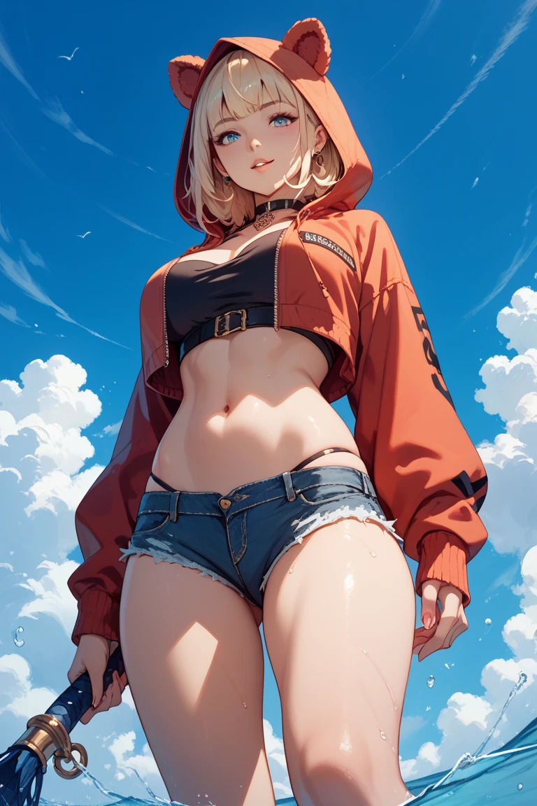 1girl, solo, gyaru, wide hips, short shorts, tank top, bomber jacket, thigh highs, sport shoes, thong, condoms, nipple_outline, masterpiece, better quality, high quality, highly detailed, posing, dark skinned female