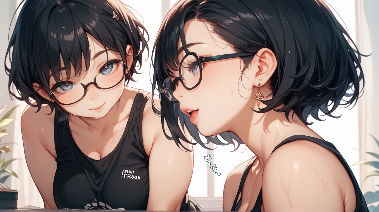(1 femboy:1.5),(dark skin:1.5),(masterpiece:1.2), highest quality, High resolution, unity 8k wallpaper, (fine and beautiful eyes:1.6), highly detailed face, perfect lighting, Detailed CG, (perfect hands, perfect anatomy),20 years old, (black hair:1.3), detailed eyes, best quality, extremely detailed, very precise detailed, (glasses:1.4), , (straight hair:1.5), (evil smile:1.3) , (blush:1.3),(very short pixie cut:1.4),(blunt bangs:1.4), (greaming skin:1.3),(flat chest),(tank top:1.5),(open mouth),(bike shorts),(leaning_forward:1.4),(from side:1.2),looking_at_viewer,,(kneeling:1.4),