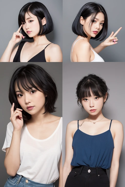 Japanese women、Crouched、Spread your legs wide、Facing forward、Bobcut、No underwear、While sitting、Stretch both arm joints