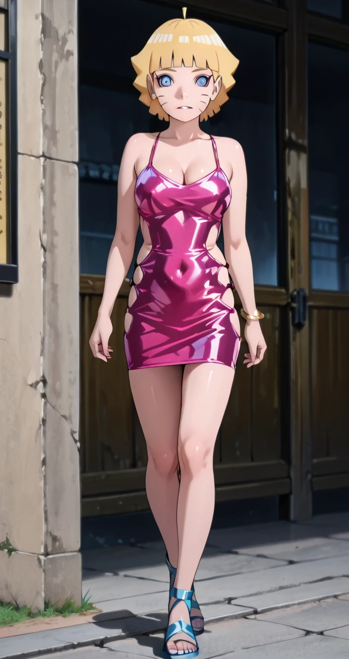 masterpiece, best quality, extremely detail 8k cg, high resolution, 1girl, kurenai yuhi, black hair, red eyes, thin body, huge breasts, bursting breasts, standing, strapless pothole tube dress, seductive face, outdoors, garden, beautiful face, wide shot photo, full body