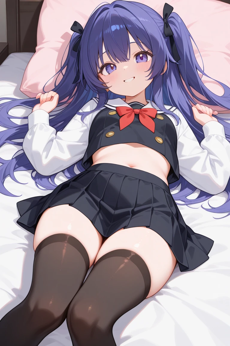 masutepiece, Best Quality,(Best Illustration), (extremely delicate and beautiful), finely detail,
1girl in, Solo,
Taigay KC, (rabbitears、Sailor Micro Bikini、White Ruffled Fish Net Tights:1.3),kawaii pose,Lying, on back, on the beds,