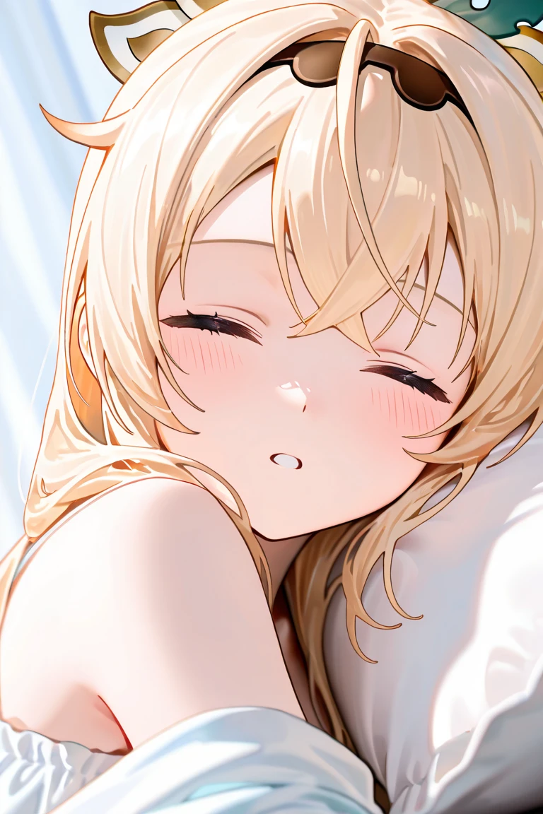 masterpiece, best quality, very aesthetic, absurdres, newest, 1girl, solo, sleeping, long hair, blonde hair, open mouth, :d, (saliva, drooling:0.5), peaceful expression, in bed, forest, close-up