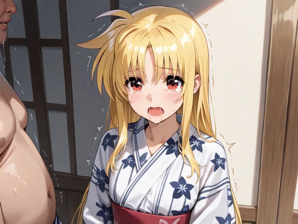 ph_eriri, sawamura spencer eriri, 1girl, solo, twintails, blonde hair, blush, open mouth, long hair, fang, hair ribbon, blue eyes, black ribbon, striped, japanese clothes, looking at viewer, sidelocks, collarbone, bangs, kimono, angry, indoss, yukata, nose blush, v-shaped eyebrows, long sleeves, embarrassed, sash, leaning forward, d:
, (masterpiece:1.6, best quality), (finely detailed beautiful eyes: 1.2),  <lora:eriri_v1.1_FB:0.8>