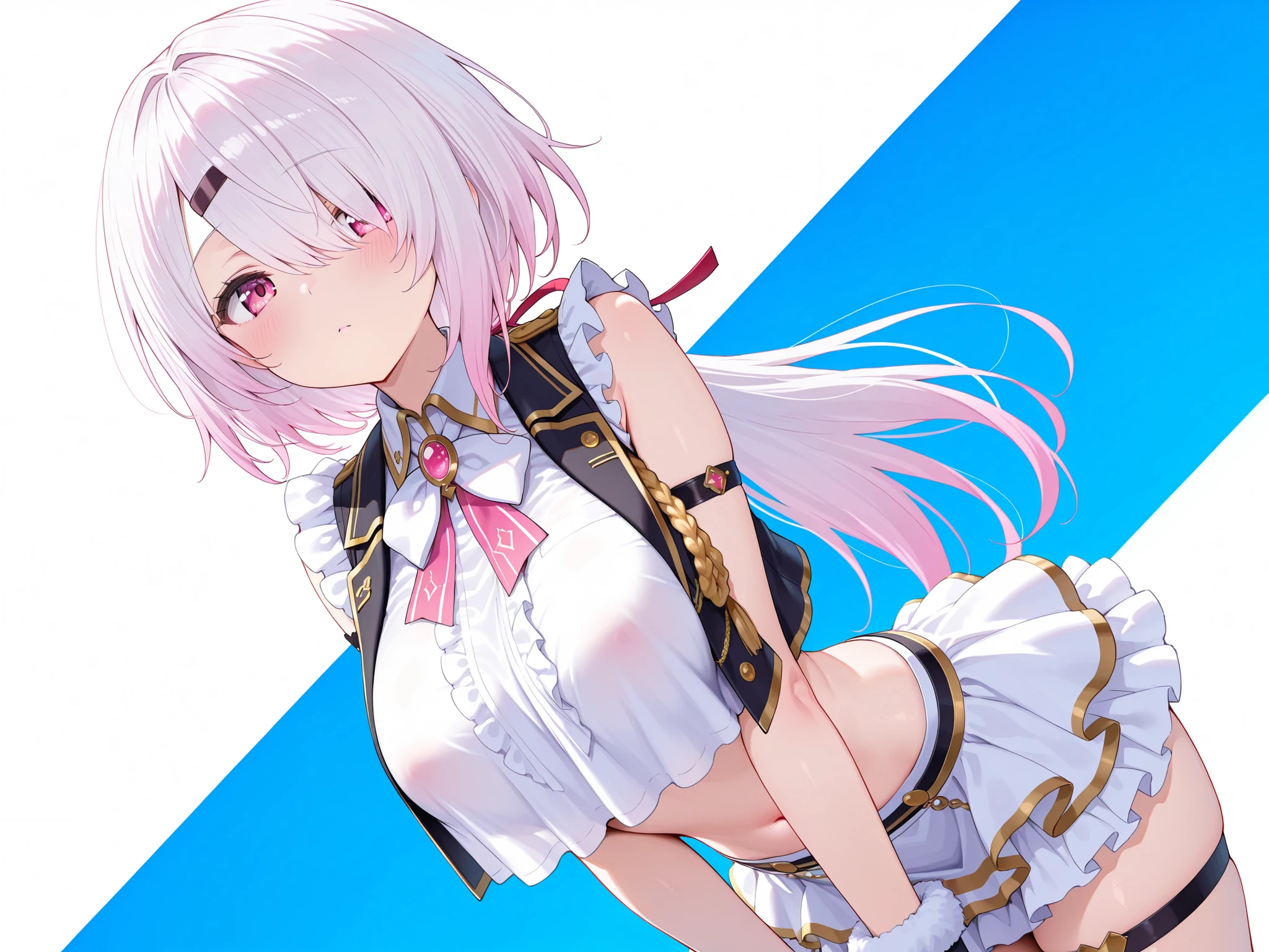 A young girl of about 14 or 15 years old, with a delicate and lovely face, pink eyes, long white hair with pink glitter, looking at the audience with some caution, with a slender figure and a B cup, wearing a white high-tech school uniform, and one hand made of silver metal, standing on the high-tech street 