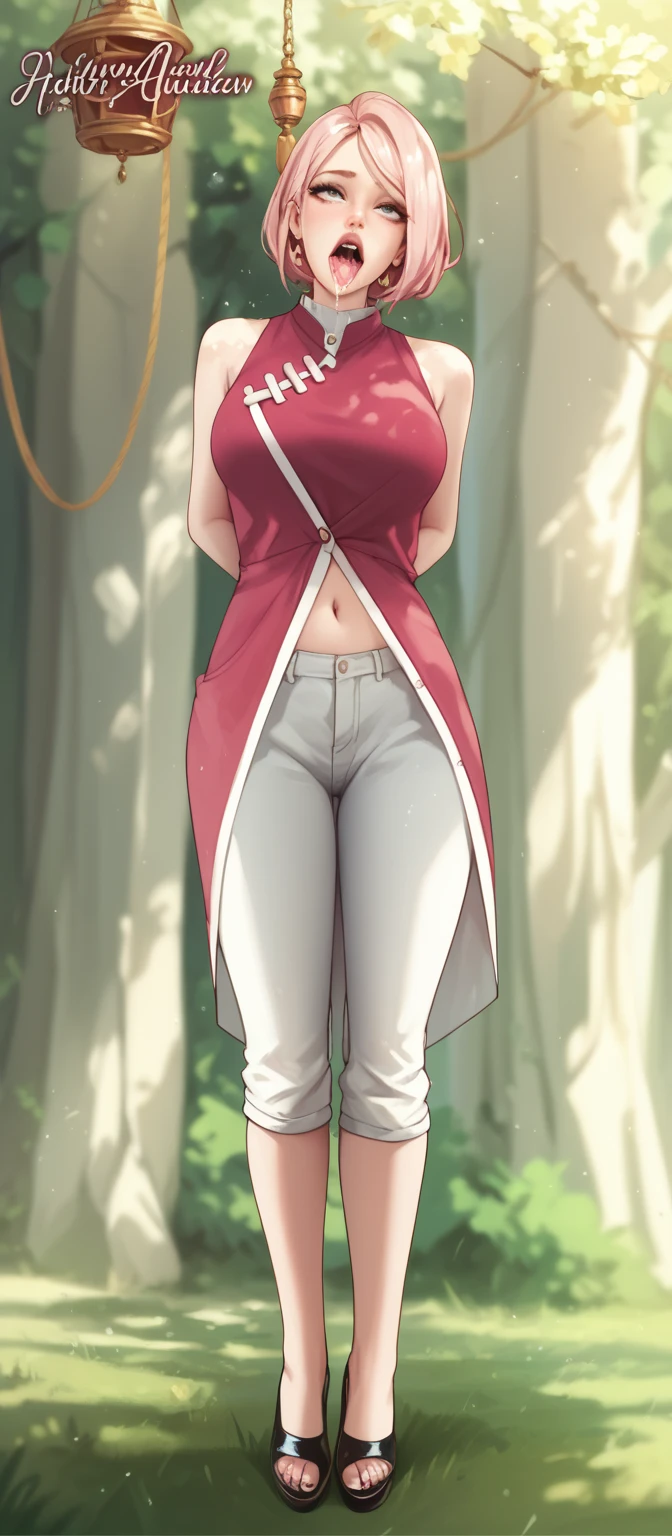 Masterpiece,stunning realistic,best quality,sharpess,1 girl,forehead mark,sakura haruno,pink hair,green eyes,forehead mark,red sleveless dress,white pants,middle large breasts,arms behind head,closeup,standing in a garden,half body