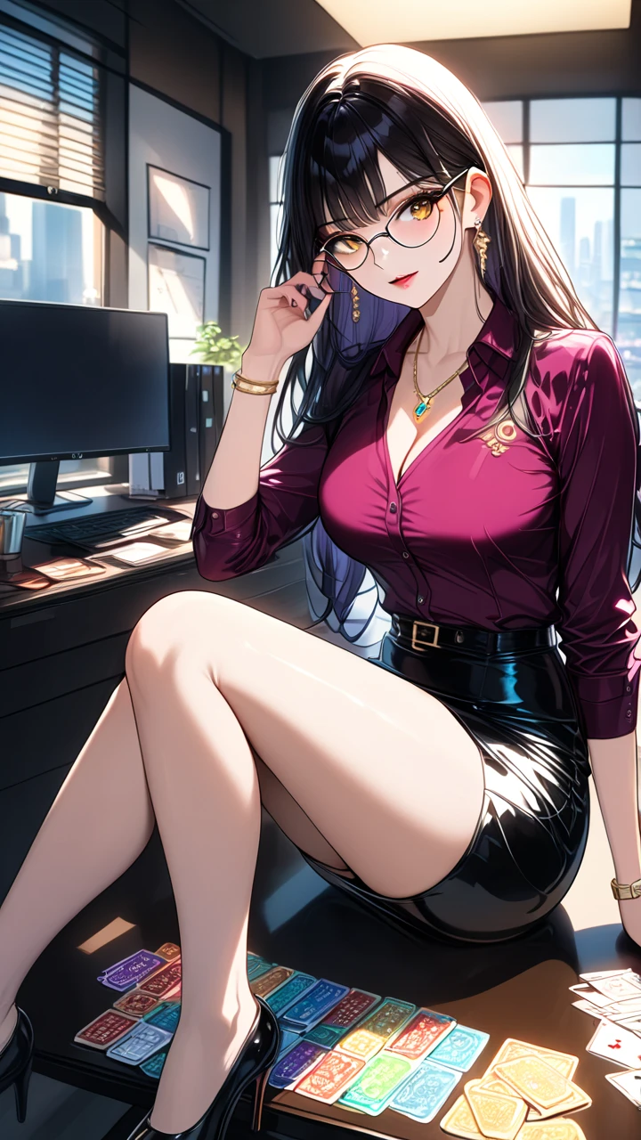 Boa hancock, 1girl, solo, ((white shirt)), black thighhighs, breasts, cleavage, uniform, office background, black skirt, pleated skirt, office, hair between eyes, large breasts, long hair, looking at viewer, black hair, red short nails, black eyes, solo, thighhighs, thighs, very long hair, ((masterpiece)), sitting, chair, desk, computer on desk, name tag, id tag, indoor, golden snake earing, short sleeve, office shirt top,