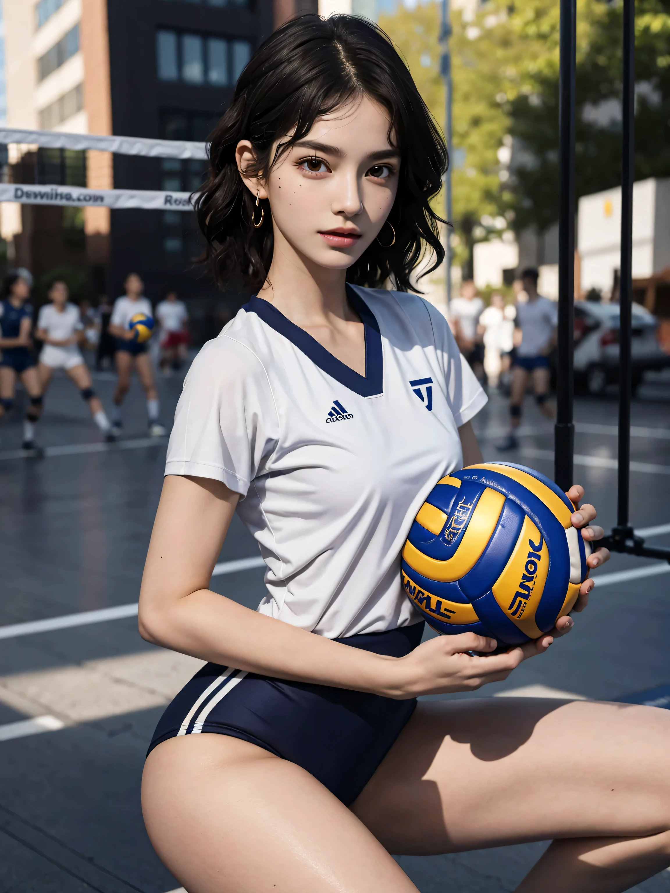 (solo), (a detailed full body RAW photo of a girl), (masterpiece:1.0), (best quality:1.4), (ultra highres:1.2), (photorealistic:1.4), 8k resolution, Canon EOS R5, 50mm, absurdres, ultra detailed, (18yo), sharp focus, cinematic lighting, detailed beautiful face, (no make up:1.2), (ulzzang-6500-v1.1), petite figure, detailed skin texture, suntan skin, flat chest, (skinny and fit body:1.6), thigh gap, detailed brown hair,  sweltering,(very short hair:1.5), realistic glistening skin, (sweating), nfsw, heavy breathing, (small titts, cameltoe, erect nipples), (nike fit and sexy volleyball uniform:1.5), (small, fit, lowrise bottom), (japanese athlete), well-developed abdominal, blue sky, dynamic pose, (flat chest:1.5)