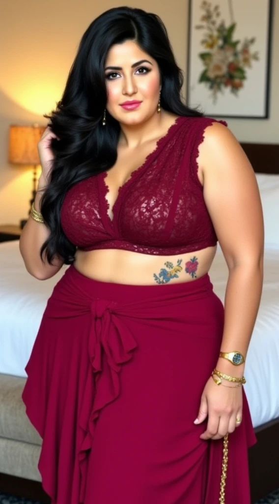 south Indian beautiful woman sexy curvy plus size model wearing different random color skin tight Bollywood Blush Banarasi Dress, eye contact camera view, different style standing position, curvy plus size big hour glass bulky huge figure, big m-cup bulky huge breasts, different style hairstyle, bright eyes, thin eyebrows, fair skin, blushing cheeks, prefect head to thigh close up view, Eden Seraphim Gardens background and location, Dreamcatcher Delight Embroidery, ultra realistic skin texture, head to thigh close up view, smile face, shadow lighting effect, hijab,in vip hotel