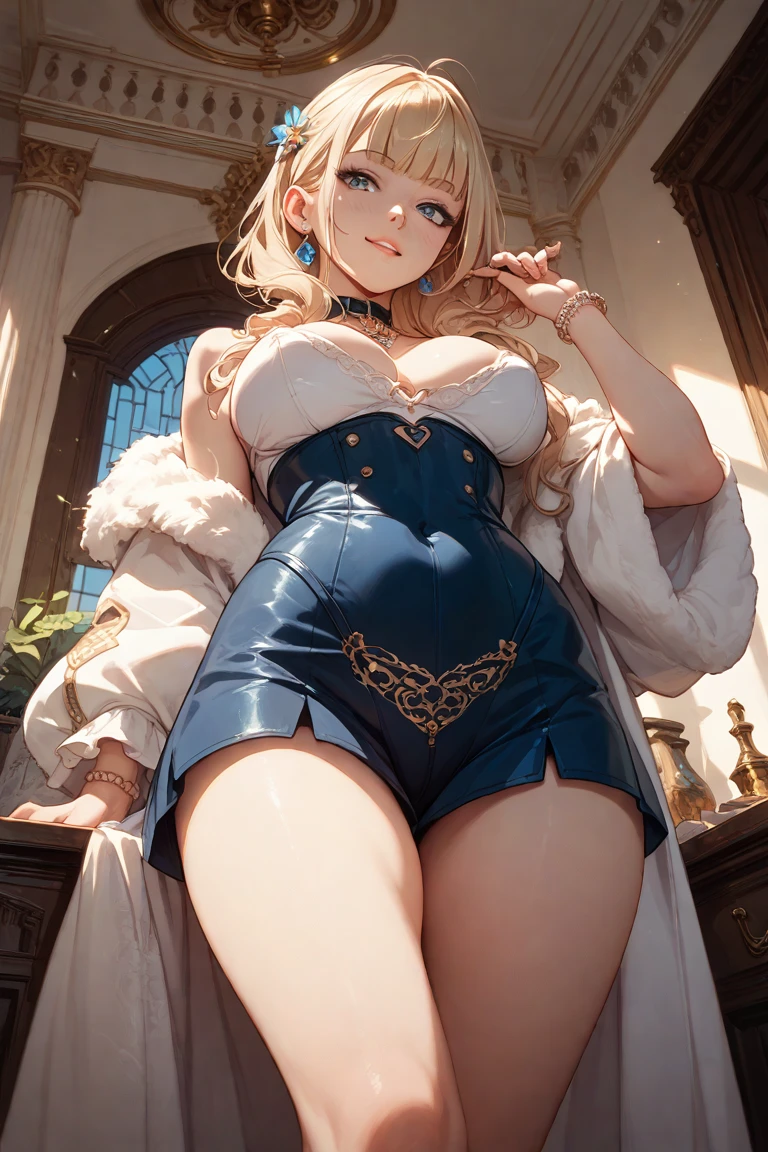 masutepiece, Best Quality, the Extremely Detailed CG Unity 8K Wallpapers, Sexy Witch Cosplay, Long dark blonde wavy hair、off-shoulder knit, darkblue pleated skirt, Medium milk, Blushing, Shy laughter, Bare shoulders、Buttocks emphasis pose、sexy buttocks、Sexy lace underwear、Black High Heels、Luxurious magic wand and book、Church of the castle、sexy pose