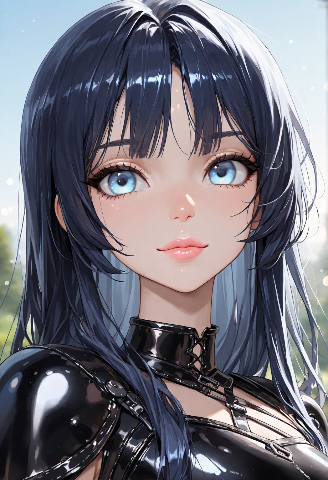 Masterpiece, Beautiful art, professional artist, 8k, art style by sciamano240, Very detailed face, Detailed clothing, detailed fabric, 2 girls, perfectly drawn body, pose sexy, beautiful face, long black hair, Blue eyes, very detailed eyes, pink cheeks, shy expression, (shiny black tight bodysuit), black gloves, gloves that cover hands, Sensual Lips , evening de invierno, show details in the eyes, View from the front, looking at the viewer, Dark road, dark forest, evening, Atmosphere, fog