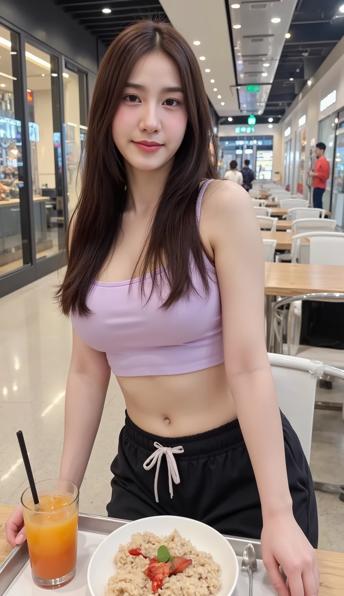 Realistic woman, beautiful face, , attractive shape, height 160cm. Looking at the camera, 8K ultra high definition, sharp focus, very high detail, as realistic as a photo, natural light, soft skin. She sits in the food court of a high-end department store decorated in a modern style, metal materials and clear glass are used. Clean white coated metal tables and chairs are arranged neatly. The cropped light purple length, mixed with black sweatpants sewn in soft fabric, a glass of fresh juice and a plate of pork sticky rice are neatly placed on the tray. The sound of people chatting, a jazz screen and the sound of a bowl hitting the table, mixed with the sound of medium-beat beats, create a lively atmosphere. Cozy and cozy. Ideal for relaxing after shopping or lunch in combination with Group of friends on holiday afternoons