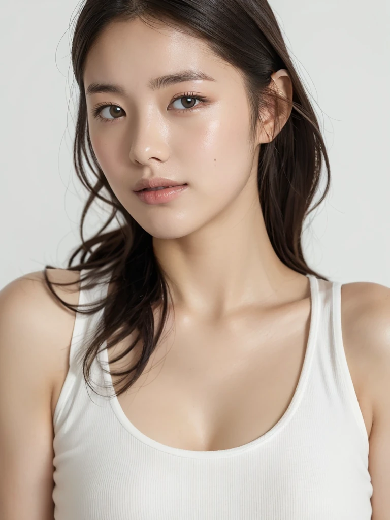 ((Best quality, 8k, Masterpiece :1.3)), 1girl, Pretty woman with emphasizing slender abs :1.3, (random hairstyles :1.2), Oversized tank top :1.2, Ultra-detailed face, Detailed eyes, Double eyelid, armpit