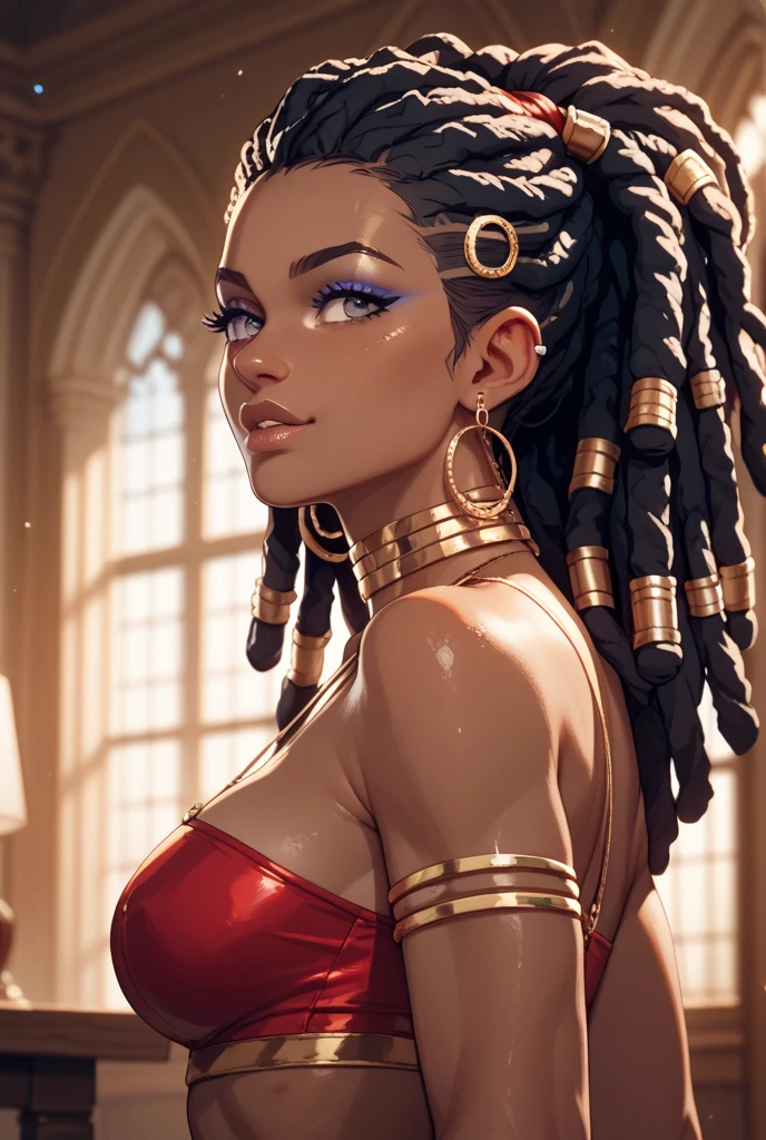 ((best qualityer)), ((work of art)), (detailded: 1.4), (absurdrez), (((black girl))), african girl, (((skin black, darkskin))), Neon genesis evangelion, afro girl, Zulu warrior, African bracelets and necklaces, skin black, cybernetic hands, red futuristic short clothes, green and black, african savannah, defined muscular sculptural body, all-body, coxas nuas, cloused mouth, body covered in cyberpunk clothes, ((perfect medium breasts)),  (super light brown eyes), ((afro hair)), (((cabelo preto e branco com dreadlocks)))), long black eyelashes heavy makeup, various African jewels, naked legs, by mucha, private--V5, close to real, psychopath, pose sexy, fundo african savannah, 2 piece outfit, cake, centred, scale to adjust dimensions, HDR (high-range dynamics), ray tracing,nvidia RTX,Super-resolution,Irreal 5,subsurface scattering, PBR Texture, Post-processing, Anisotropic filtering, Depth of field, Maximum clarity and sharpness, Multilayer textures, Albedo and Specular Maps, Surface shading, Accurate simulation of light-material interaction, perfect proportions, octane rendering, two tone lighting, large aperture, Low ISO, White balance, rule of thirds, 8K CRU, African standards
