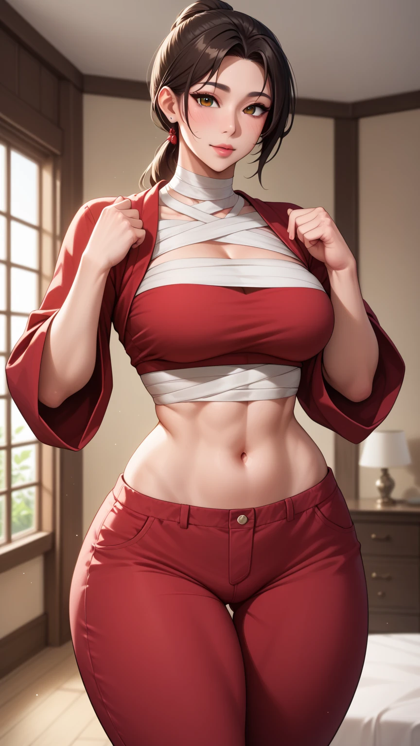 Mikasa v4 , short black hair, sexy pose, wearing only red scarf , pussy, large breasts, wide hips, detailed, masterpiece, solo, nude