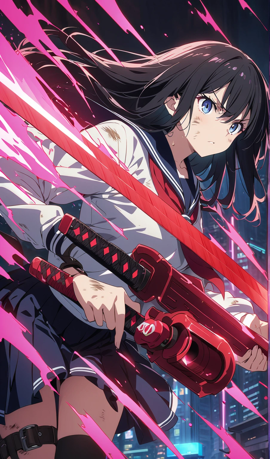 alone_girl_hi-school girl、Japanese Height ,Action pose、Vigorously、Overflowing、Ink Art、((Highest quality、8k、masterpiece:1.3))、(Clear focus:1.2)、(Comic book style),(pop),(Line art_anime)、(pastel colour:1.2),((Monotony_High Contrast Art:1.2))、Flat Chest、(Complex background:1.2),(roller:Add details:1.2)、Sharp contours、シャープなLine art、Urban Background、