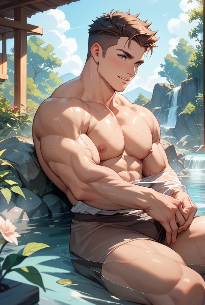 A boy scout spies on a muscular man leader changing clothes after swimming in the river, nature, muscles glistening in the sun, surprised expression, masterpiece, art, pin-up sketch