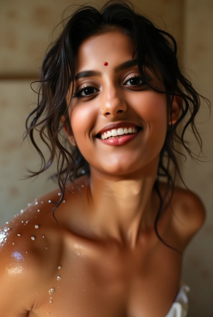 This oil painting, executed in the Chiaroscuro technique, showcases a close-up portrait of a Malay woman during a shower. The medium highlights the rich, contrasting tones between the woman's skin and the surrounding environment, creating a sense of depth and texture. The water flowing down from her hair is depicted with remarkable realism, creating a transparent fluid effect that appears to continuously cascade down her body.

The artist employs the glazing technique to enhance the overall luminosity and vibrancy of the piece. The initial blocking-in stage sets the foundation, allowing for intricate details to be added layer by layer. The resulting image is an international masterpiece of exceptional quality, comparable to highly